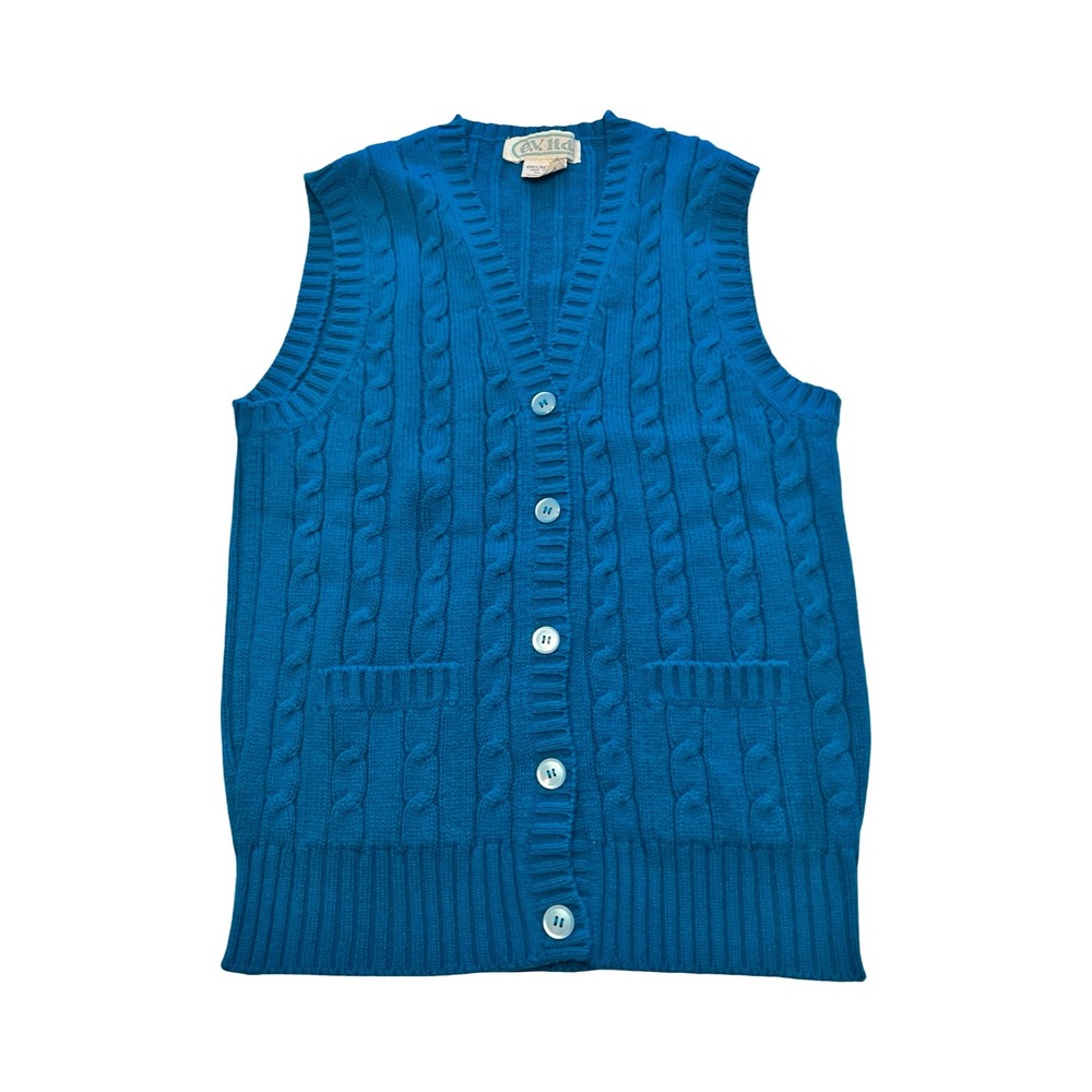 Vintage E.V. Ltd‎ Blue Cable Knit Cardigan Vest Womens Large V-Neck Button Front